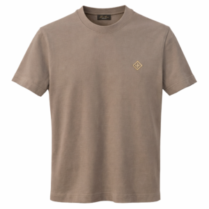 taupe crew neck t shirt with gold logo