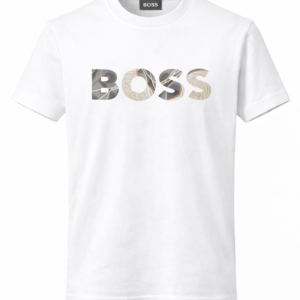 white boss t shirt with geometric design